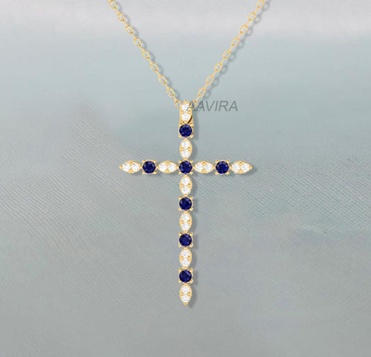 Sapphire & Diamond Cross Necklace, Dainty Cross Pendant, Sapphire Cross Pendant, Christian Jewelry, Minimalist Cross Pendant, Christmas Gift