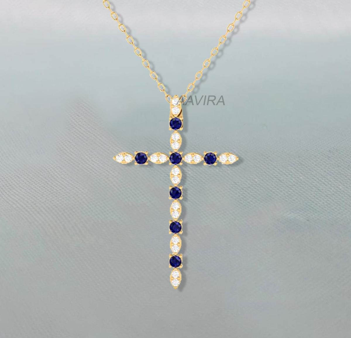 Sapphire & Diamond Cross Necklace, Dainty Cross Pendant, Sapphire Cross Pendant, Christian Jewelry, Minimalist Cross Pendant, Christmas Gift
