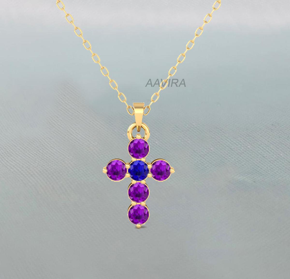 Sapphire & Amethyst Cross Pendant, Sapphire Cross Necklace, Amethyst Cross Pendant, Two Stone Pendant, Religious Cross Pendant, Women Gifts