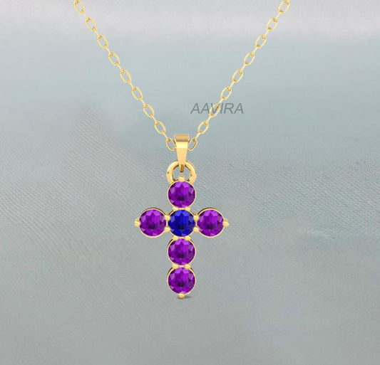 Sapphire & Amethyst Cross Pendant, Sapphire Cross Necklace, Amethyst Cross Pendant, Two Stone Pendant, Religious Cross Pendant, Women Gifts