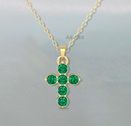 Dainty Cross Necklace, Emerald Cross Necklace, Prong Set Necklace, Green Emerald Pendant, Women's Pendant, Peridot Cross Necklace Women Gift