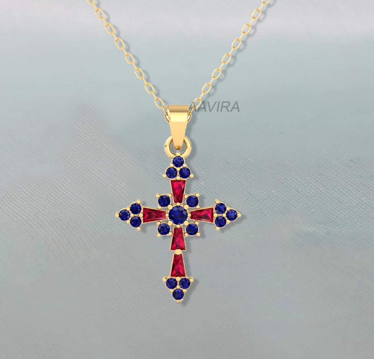 Unique Cross Pendant, Sapphire Cross Necklace, Ruby Cross Necklace, Minimalist Necklace, Holy Cross Pendant, Cross Gemstone Pendant, Gifts