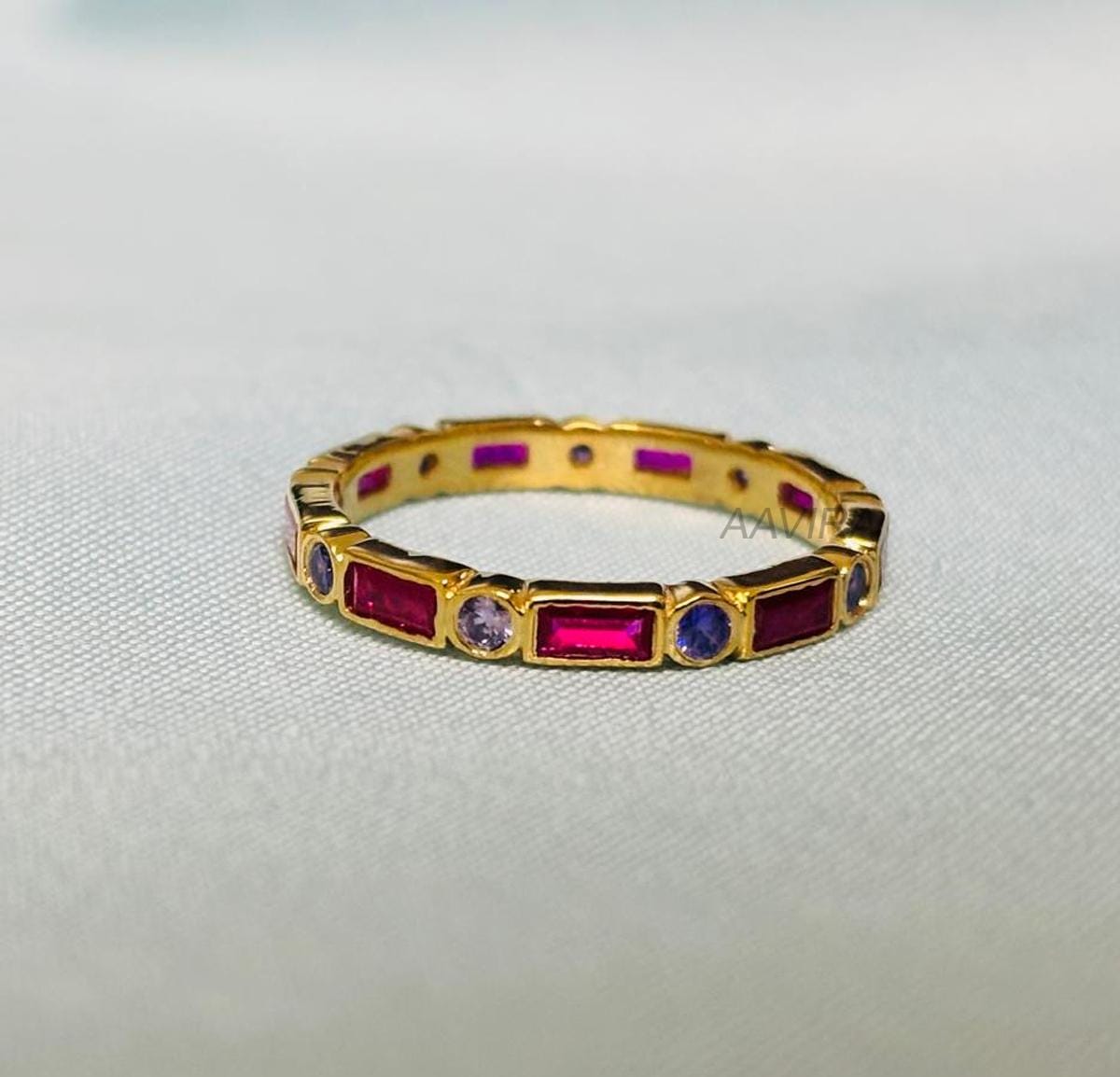 Amethyst Ring, Baguette Ruby Ring, Gemstone Ring, Full Eternity Ring, Bezel Ruby Ring, Purple Stone Ring, 14k Yellow Gold Plated Ring, Gifts