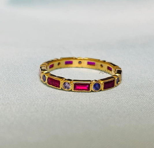 Amethyst Ring, Baguette Ruby Ring, Gemstone Ring, Full Eternity Ring, Bezel Ruby Ring, Purple Stone Ring, 14k Yellow Gold Plated Ring, Gifts