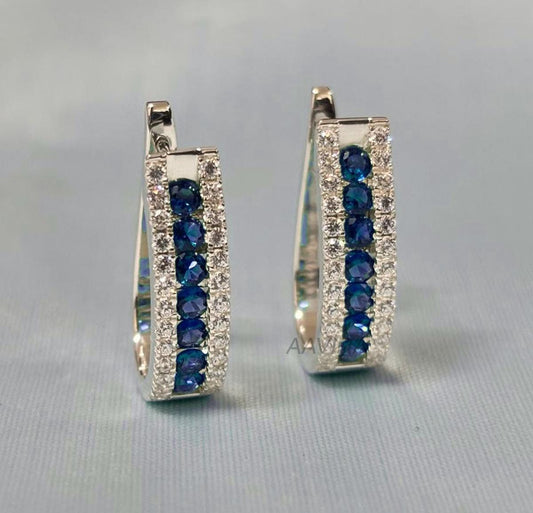 Blue Sapphire Earrings, Sapphire Hoop Earrings, Sapphire & Diamond Hoop Earrings, Minimalist Earrings, Party Wear Earrings For Women, Gifts