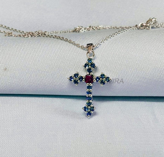 Christian Cross Pendant, Ruby & Sapphire Cross Pendant Necklace, Blue Sapphire Gemstone Pendant, Cross Necklace With Chain, Christmas Gift