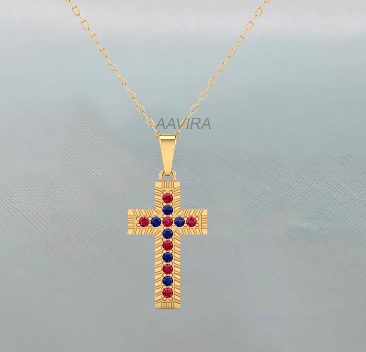 Sapphire & Ruby Cross Necklace, Red Ruby Cross Pendant, 14k Yellow Gold Plated, Christian Cross Necklace, Women Minimalist Cross Pendant