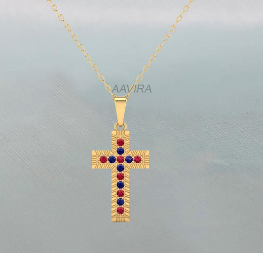 Sapphire & Ruby Cross Necklace, Red Ruby Cross Pendant, 14k Yellow Gold Plated, Christian Cross Necklace, Women Minimalist Cross Pendant