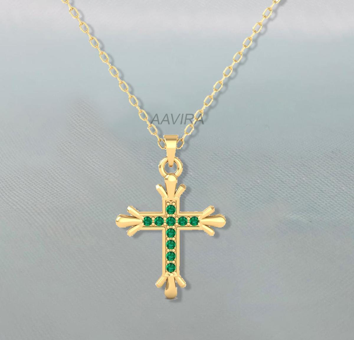 Emerald Cross Pendant, Green Emerald Cross Necklace, May Birthstone Pendant, Religious Cross Pendant, Birthday Gift, Anniversary Cross Gift