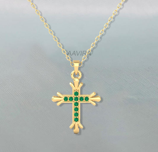 Emerald Cross Pendant, Green Emerald Cross Necklace, May Birthstone Pendant, Religious Cross Pendant, Birthday Gift, Anniversary Cross Gift