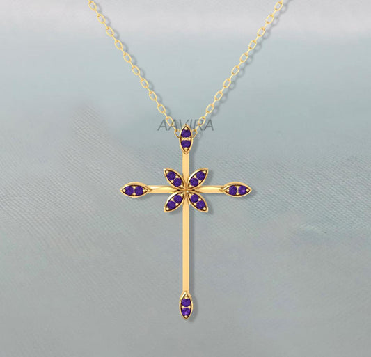 Amethyst Cross Holy Pendant, Dainty Cross Pendant, Minimalist Cross Necklace, Multi Gemstone Cross Pendant, Birthday Gift For Mom, Gifts