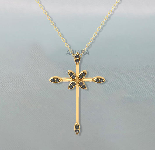 Black Diamond Cross Pendant, Cross Necklace, Delicate Cross Pendant, Silver Cross Pendant, Religious Cross Pendant, Diamond Jewelry, Gift
