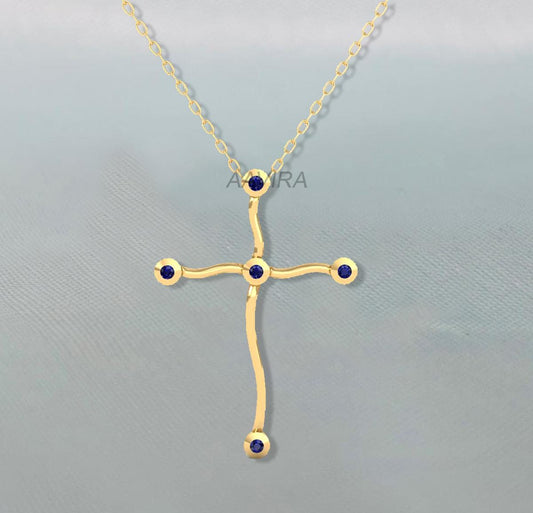 Sapphire Cross Pendant, Bezel Set Cross Necklace, Blue Sapphire Cross Pendant, Multitone Cross Pendant, Gift For Her, Gemstone Pendant, Gift