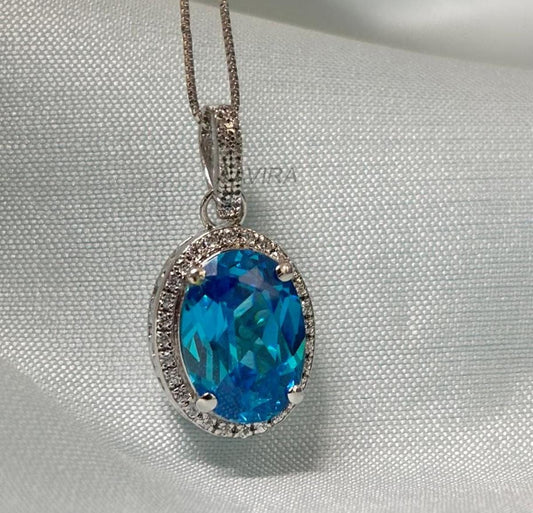 Blue Topaz Pendant, Oval Cut Pendant, Halo Diamond Wedding Necklace, Diamond Pendant, Minimalist Oval Pendant, 925 Sterling Silver Necklace