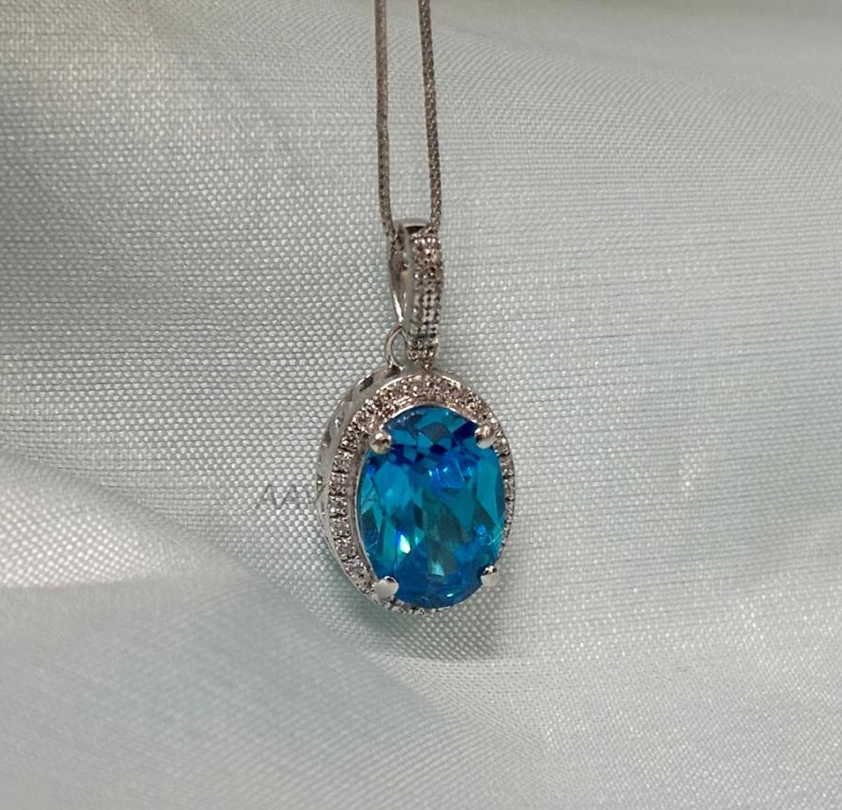 Blue Topaz Pendant, Oval Cut Pendant, Halo Diamond Wedding Necklace, Diamond Pendant, Minimalist Oval Pendant, 925 Sterling Silver Necklace