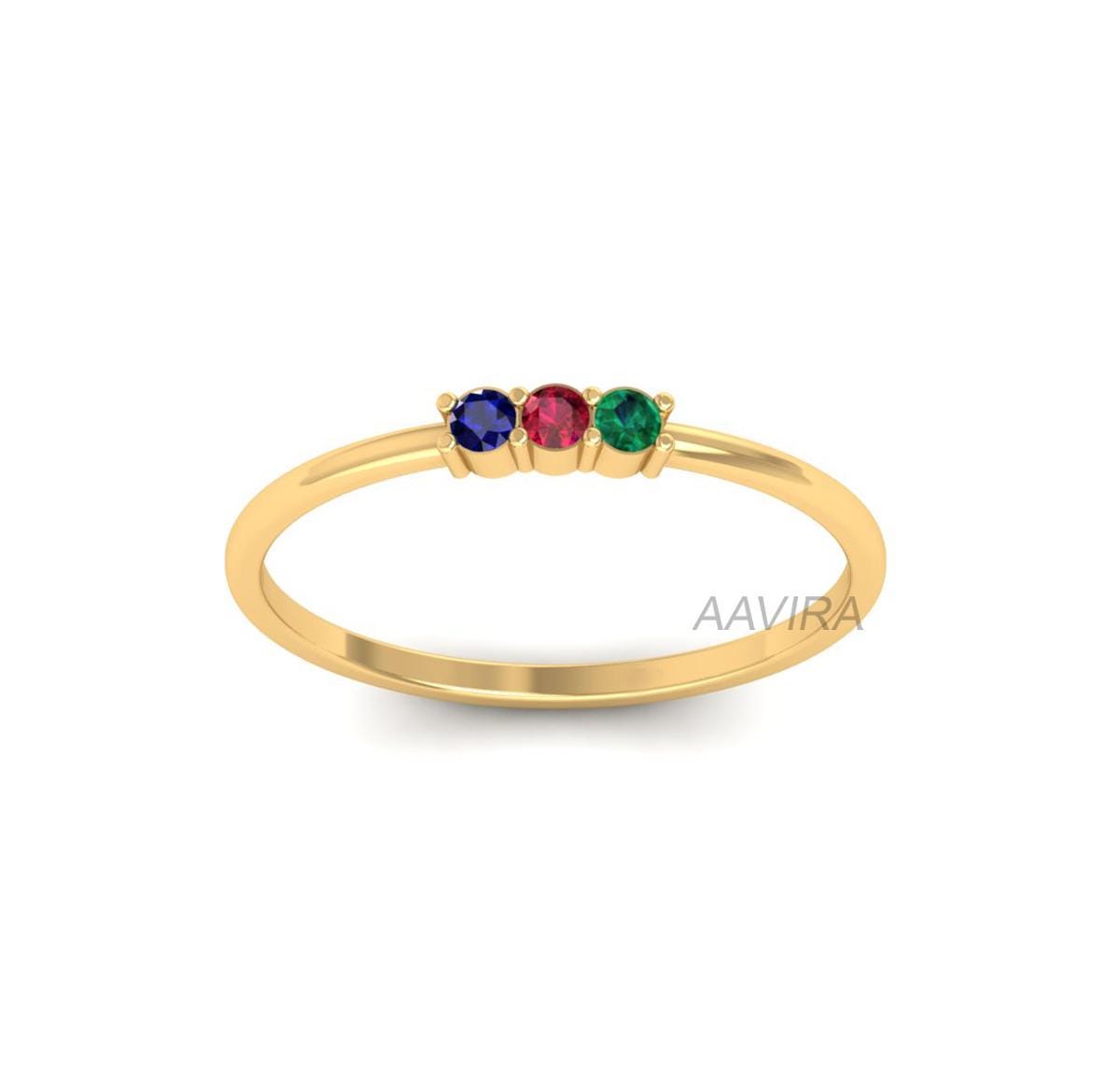 Tiny Three Stone Ring, Multi Stone Gemstone Ring, Travel Ring, Sapphire Ring, 14k Yellow Gold Dainty Band, Christmas Gift, Promise Ring Gift