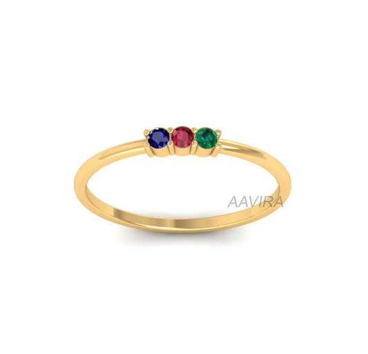 Tiny Three Stone Ring, Multi Stone Gemstone Ring, Travel Ring, Sapphire Ring, 14k Yellow Gold Dainty Band, Christmas Gift, Promise Ring Gift
