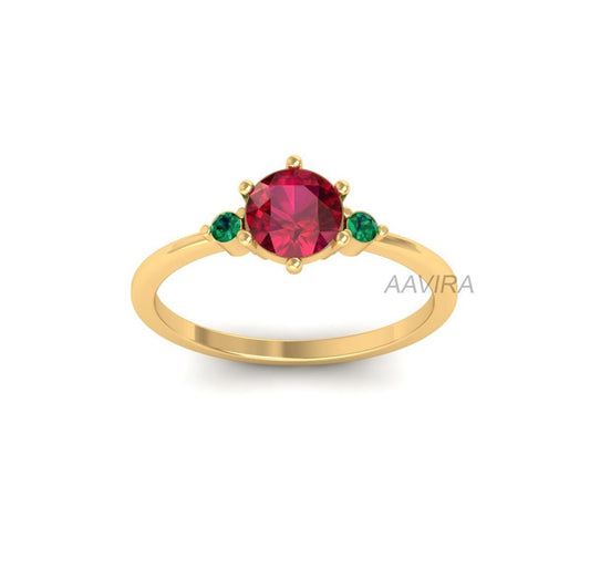 Red Ruby Trio Gemstone Ring, Stackable Ring, Emerald & Ruby Ring, Dainty Ring, Women's Trio Ring, Family Birthstone Ring, Christmas Gift