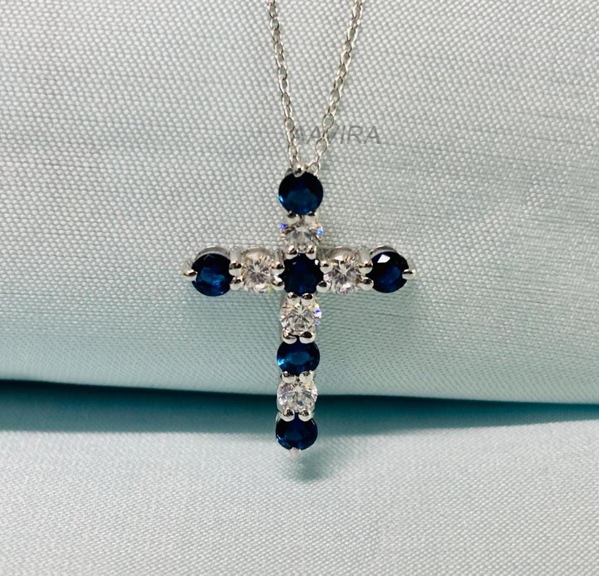 Sapphire Diamond Cross Pendant, Cross Necklace, Religious Cross Pendant, Sapphire Cross Pendant, Silver Cross Pendant, September Birthstone