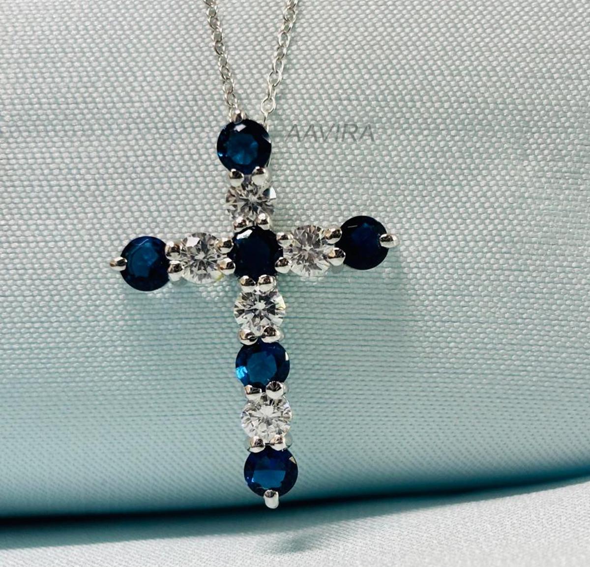 Sapphire Diamond Cross Pendant, Cross Necklace, Religious Cross Pendant, Sapphire Cross Pendant, Silver Cross Pendant, September Birthstone