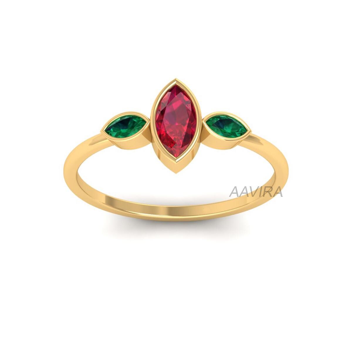Marquise Cut Ruby & Emerald Ring, 14K Yellow Gold Ruby Wedding Band, Bezel Setting Band, Bezel Set Wedding Band, Three Stone Engagement Ring