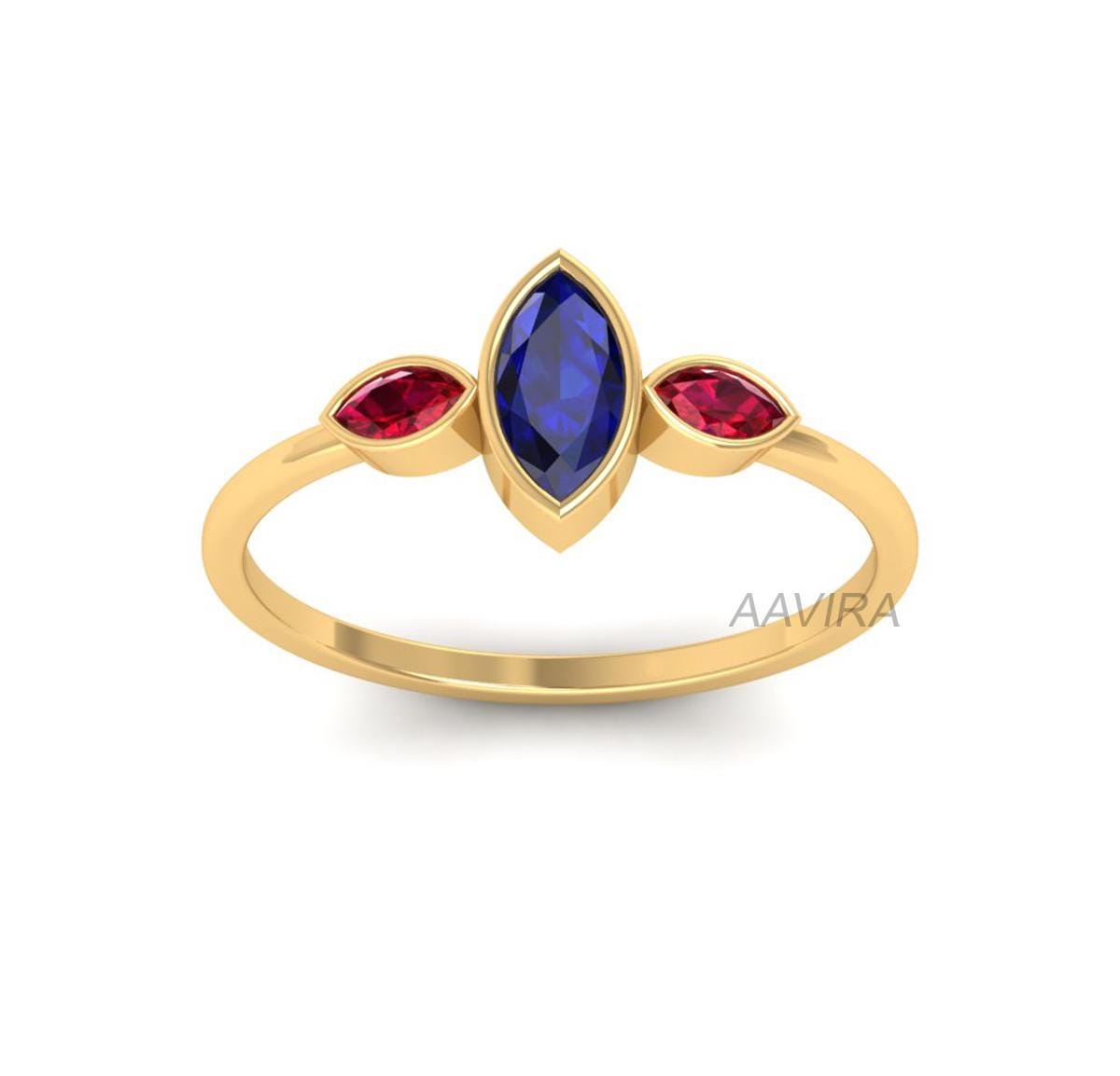Bezel Set Marquise Ring, Blue Sapphire & Ruby Ring, 14k Gold Three Stone Engagement Ring, Handmade Ring, Anniversary Ring, Birthstone Ring