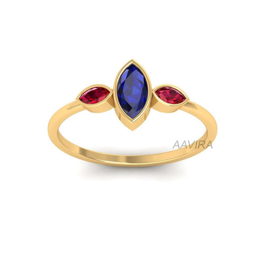 Bezel Set Marquise Ring, Blue Sapphire & Ruby Ring, 14k Gold Three Stone Engagement Ring, Handmade Ring, Anniversary Ring, Birthstone Ring