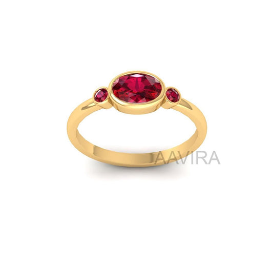 Three Stone Gemstone Ring, Bezel Set Ruby Ring, 14k Yellow Gold Red Ruby Ring, Round Ruby Ring, Gemstone Jewelry, Sapphire Ring, Gifts
