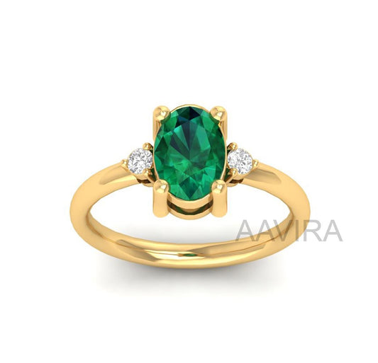 Emerald Engagement Ring, Oval Ring, Three Stone Diamond Ring, May Birthstone Ring, Gift for Mom, 14K Gold Oval Cut Emerald Ring, Women Gift