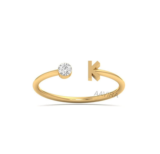 Open Cuff Moissanite Diamond Ring, Bezel Set Minimalist Ring, Initial Letter K Ring, Name Letter Ring, Alphabet Ring, Personalized Gift