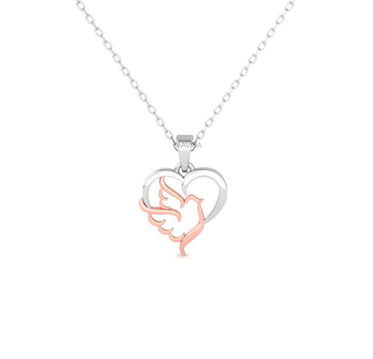Bird Heart Necklace, Two Tone Pleated Heart Necklace, Heart Pendant Gift for Her, Bird in Heart Pendant, Heart Jewelry, Valentine's Day Gift