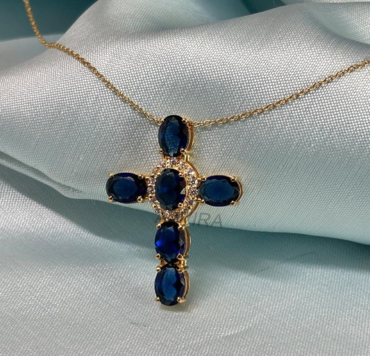Oval Cross Necklace,  Cross Necklace, Blue Sapphire Cross Necklace, Cross Pendant For Women, Sapphire & Diamond Pendant, Religious Pendant