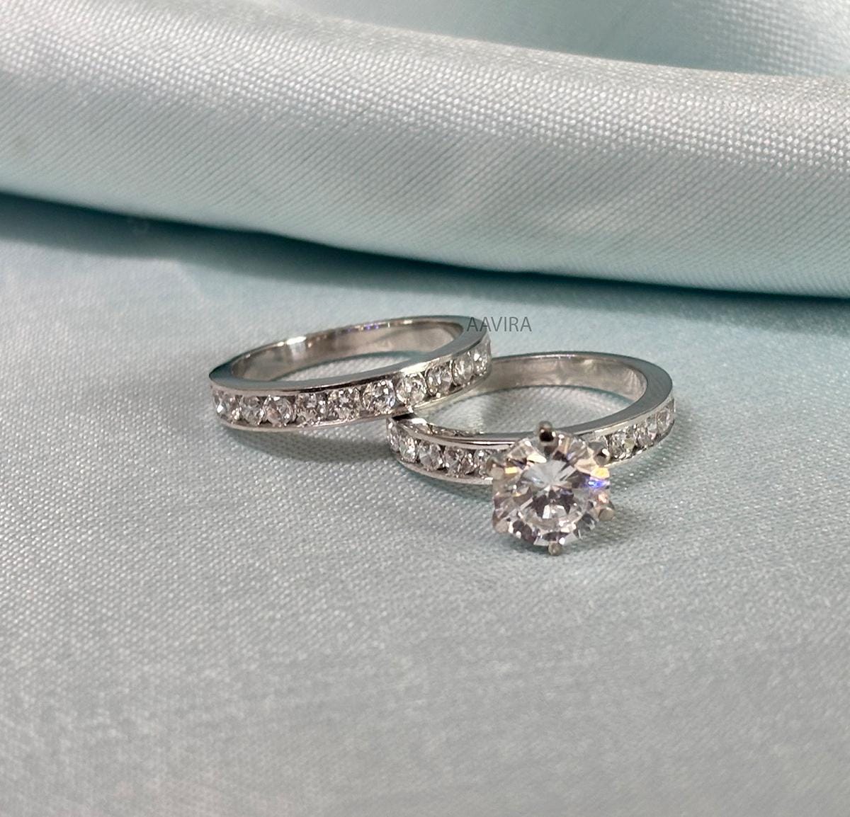 Engagement Wedding Ring Set, Bridal Set Gift For Her, Promise Ring, Anniversary Eternity Band Rings, Diamond Wedding Band Set, Silver Ring