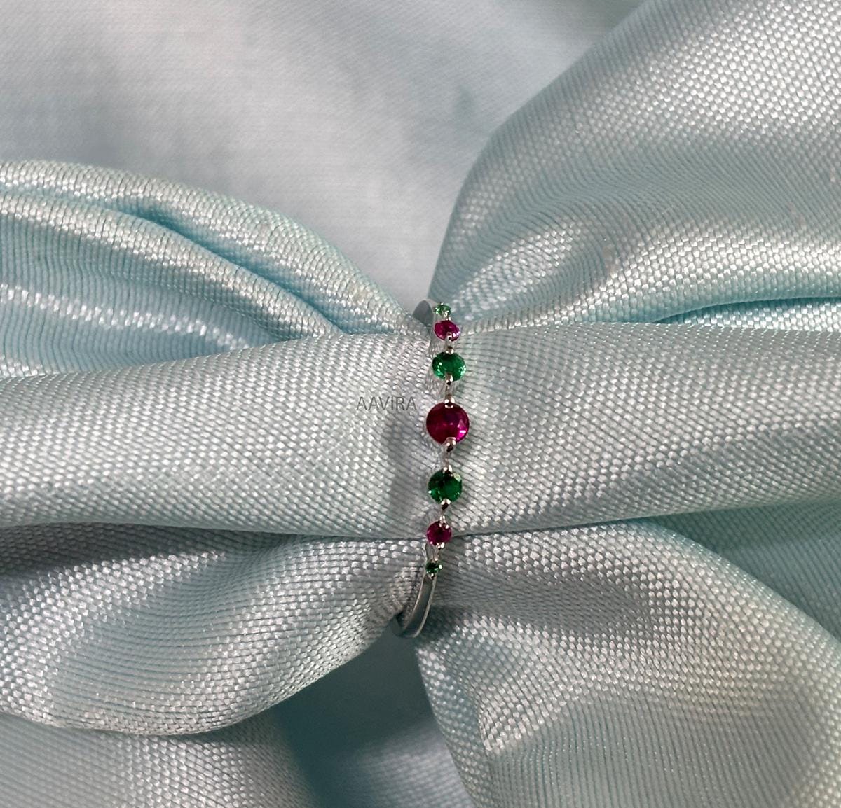 Eternity Band Promise Band, Ruby & Emerald Delicate Ring Eternity Band, Gifts For Her Wedding Band, Dainty Emerald Stacking Eternity Ring