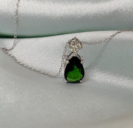 Green Emerald Teardrop Necklace, Pear Cut Emerald Pendant, Birthstone Pendant, 925 Sterling Silver Diamond Chain Pendant, Valentine Day Sale