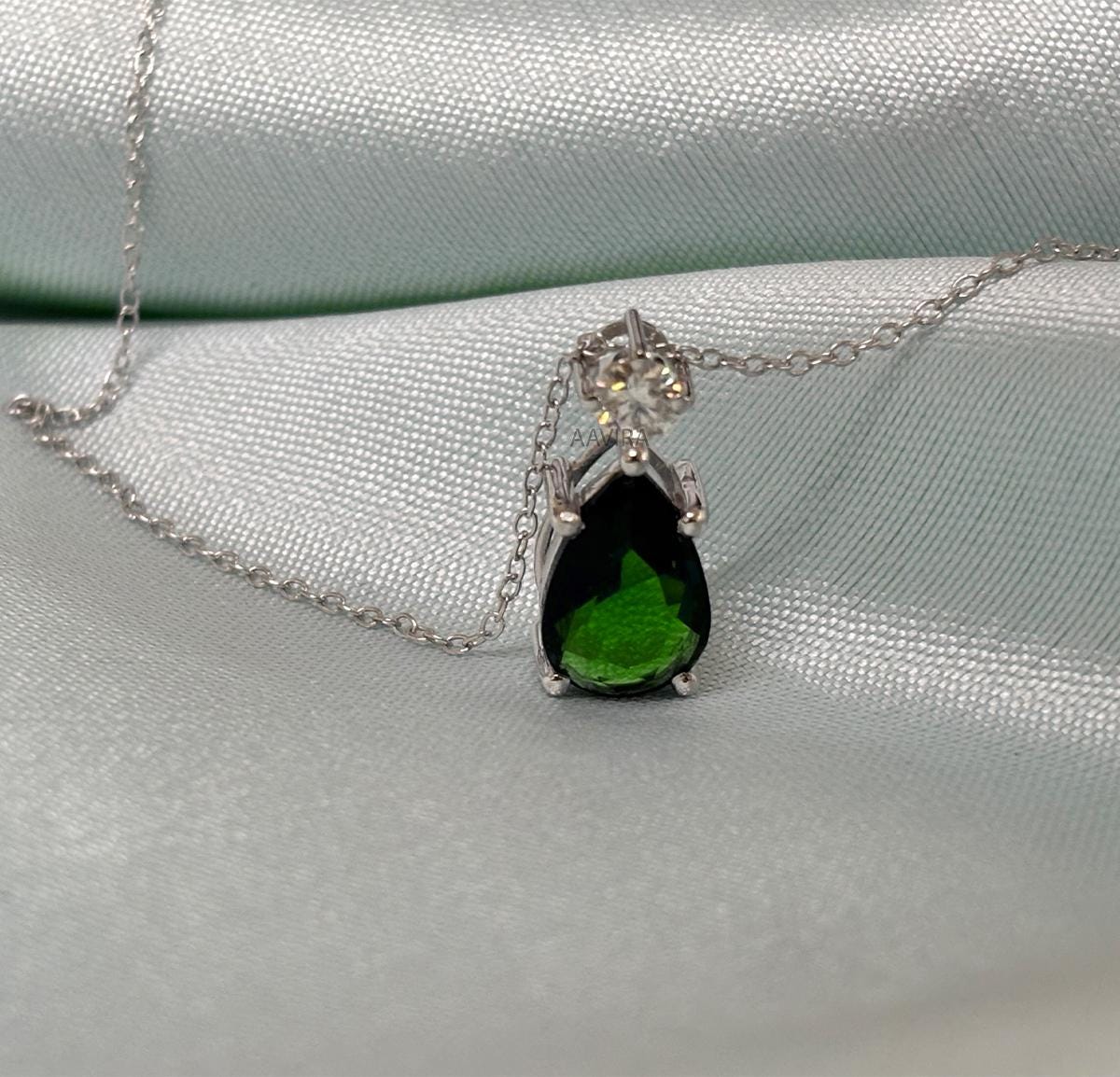 Green Emerald Teardrop Necklace, Pear Cut Emerald Pendant, Birthstone Pendant, 925 Sterling Silver Diamond Chain Pendant, Valentine Day Sale