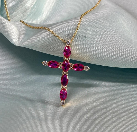 Ruby Cross Pendant, Ruby Diamond Cross Pendant, Cross Necklace, Religious Cross Necklace, 14k Yellow Gold Plated Cross, Valentines Day Gift