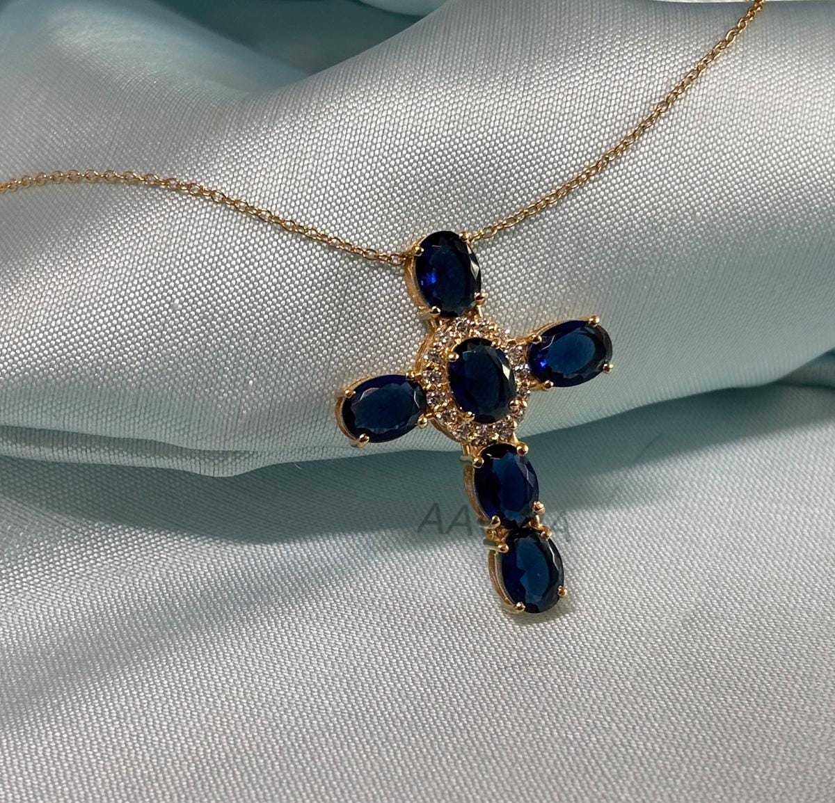 Oval Cross Necklace,  Cross Necklace, Blue Sapphire Cross Necklace, Cross Pendant For Women, Sapphire & Diamond Pendant, Religious Pendant