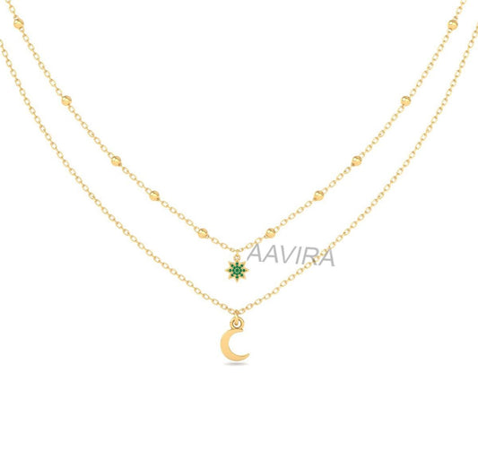 Green Emerald Moon With Flower Necklace, Crescent Moon Necklace, Minimalist Necklace, Gift For Women, Gift For Her, Bridesmaid Gift, Gifts