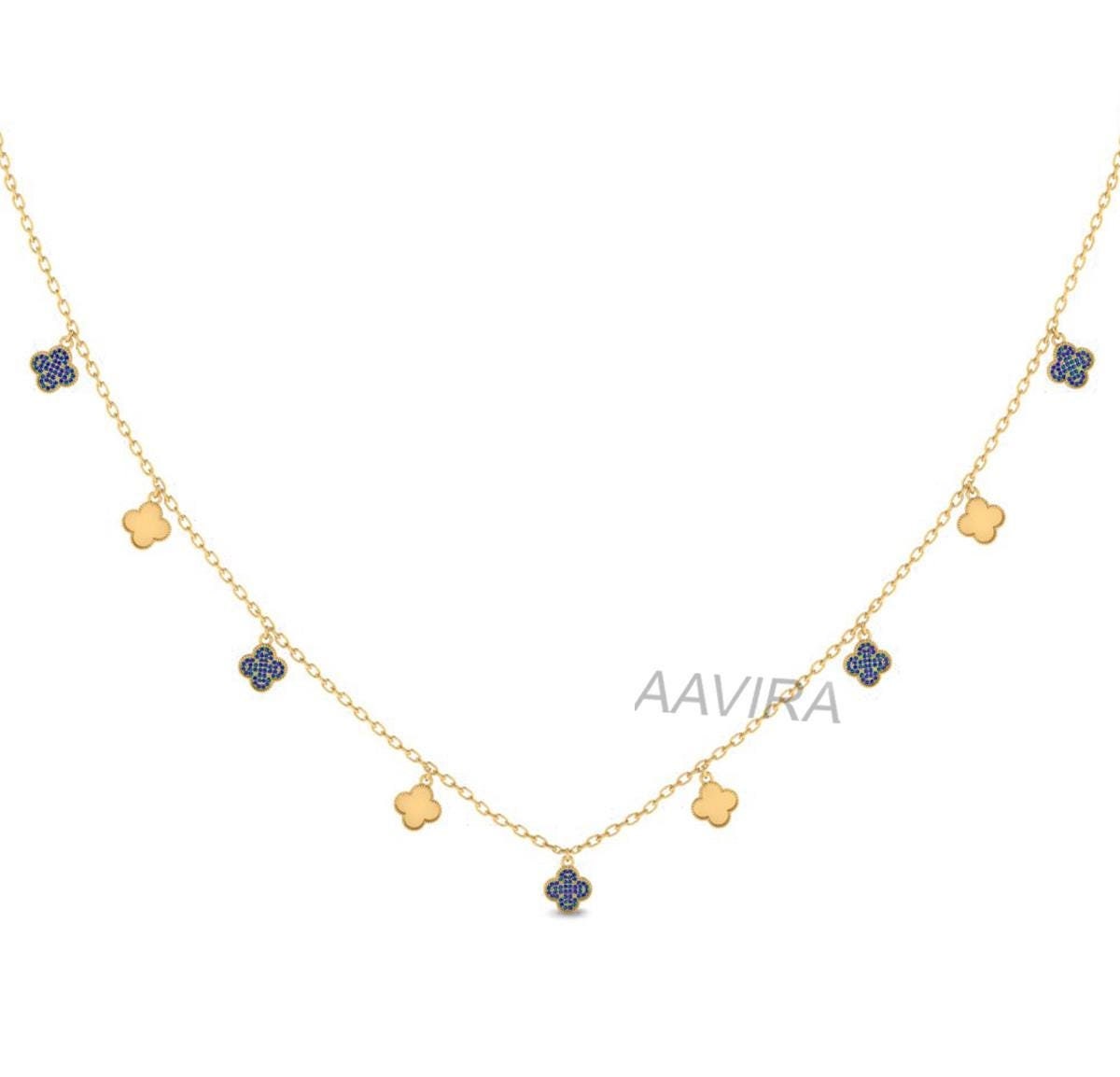 Blue Sapphire Floral Necklace, 925 Sterling Silver Necklace, Blue Gemstone Necklace, Sapphire Birthstone Necklace, Women's Floral Necklace