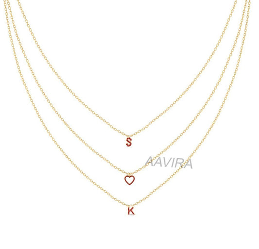 Ruby Necklace, Custom Necklace Initial, S Loves K Initial Ruby Necklace, Personalized Letter Necklace, 3 Set Of Layer Necklace, Ruby Heart