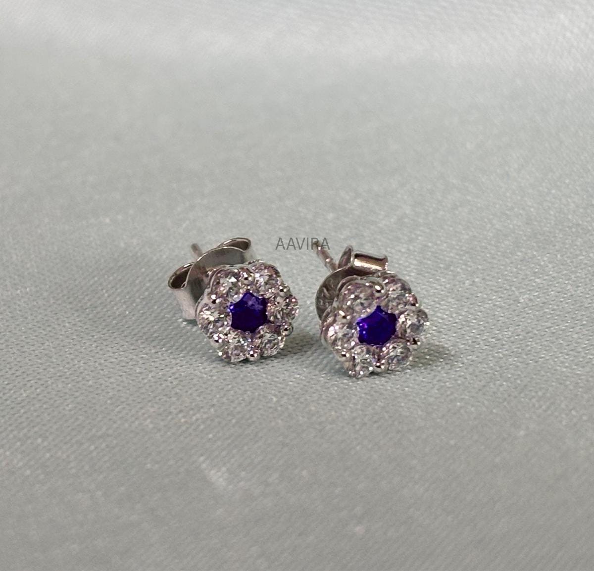 Sapphire Studs, Stud Earrings, September Birthstone, Sapphire Flower Earrings, Diamond Moissanite Stud Earrings,  Silver Stud Earrings, Gift