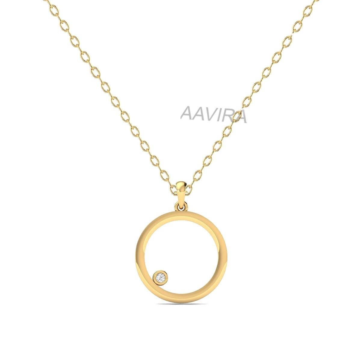 Bezel Set Circle Diamond Pendant, Circle Diamond Pendant, Solitaire Diamond Necklace, 14k Yellow Gold Plated, Women's Diamond Chain Pendant