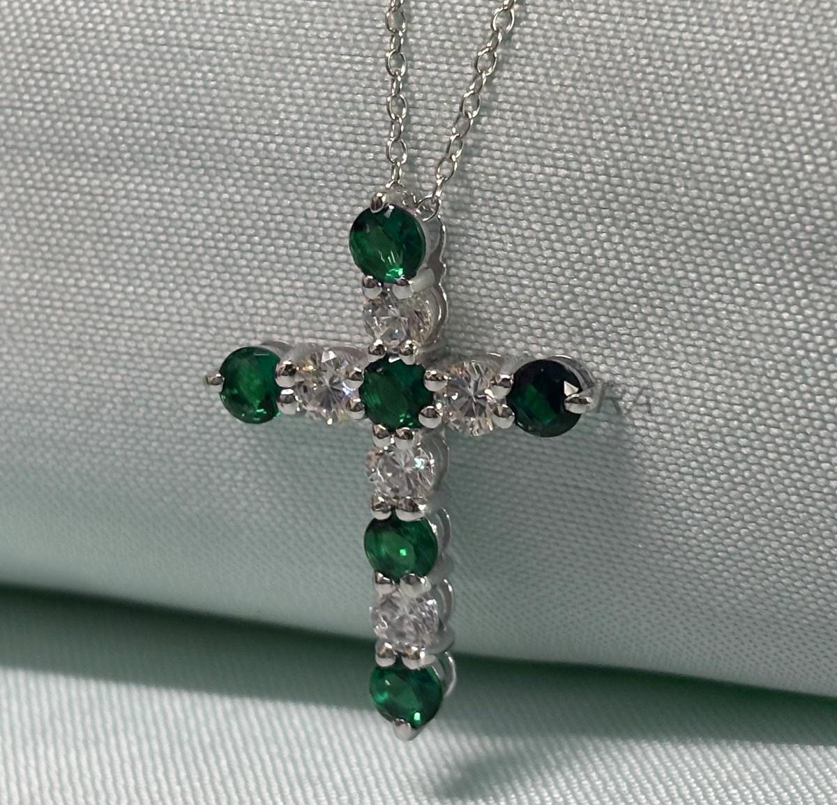 Emerald Cross Necklace, Emerald & Diamond Cross Pendant, Diamond Cross Necklace, Cross For Women, Cross Chain Pendant, Religious Pendant
