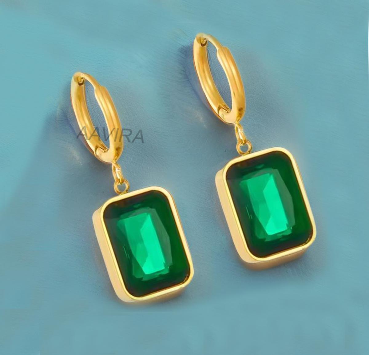 Emerald Drop Dangle Earrings, Green Emerald Earrings, Clip On Earrings, Anniversary Gift, Drop Dangle Earrings, Birthday  Gift, Bezel Dangle