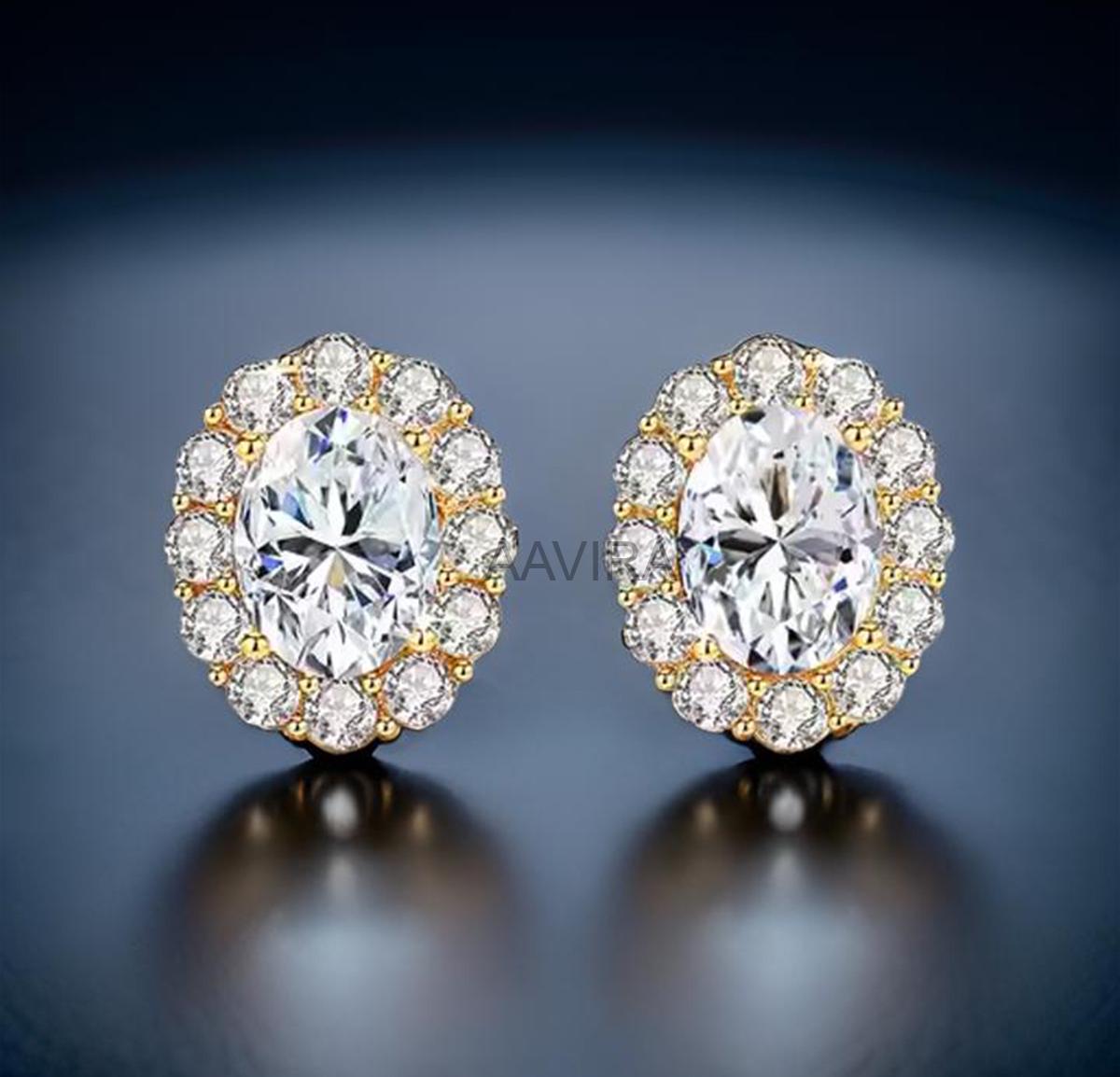 Oval Stud Earrings, Halo Oval Diamond Stud Earrings, 14K Yellow Gold Plated, Diamond Earrings, Push Back Earring, Wedding Earrings for Women
