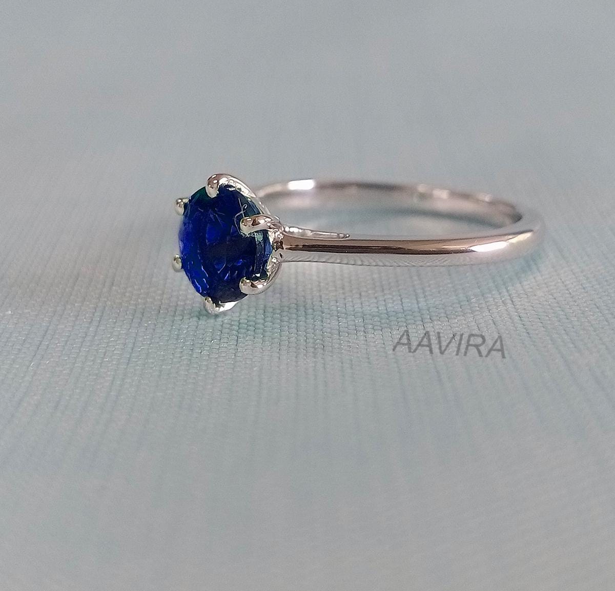 Sapphire Solitaire Ring, Round Sapphire Ring, Solitaire Engagement Ring, Silver Sapphire Ring, Minimalist Ring, Handmade Jewelry Women Gift