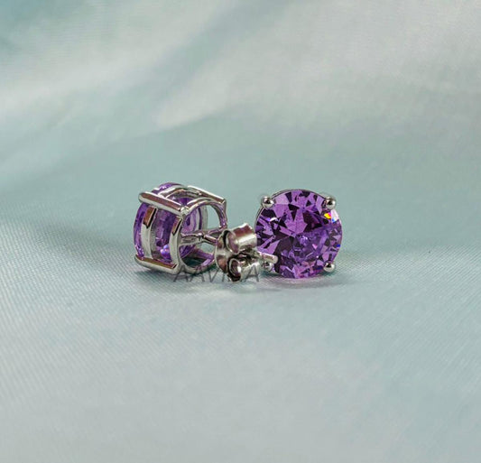 10mm Amethyst Gemstone Earrings, Round Cut Stud Earrings, 14k White Gold Plated, Purple Earrings, Birthstone Earrings, Perfect Gift for Her