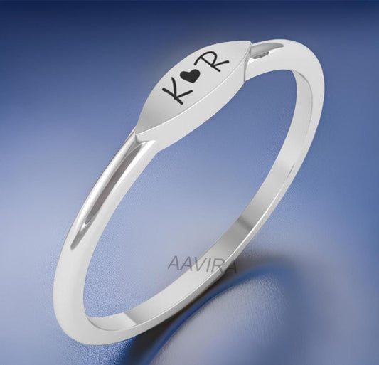 K Love R Engrave Enamel Ring, Minimalist Wedding Band, Stacking Ring, Heart Engrave Ring, Initial Ring, Custom Signet Ring, Gift For Couple