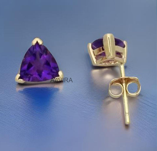 Trilliant Cut Amethyst Stud Earrings for Women, Daily Use Earrings, Gift for Mom, Push Back, Birthday Gift, 14k Yellow Gold Trillion Studs